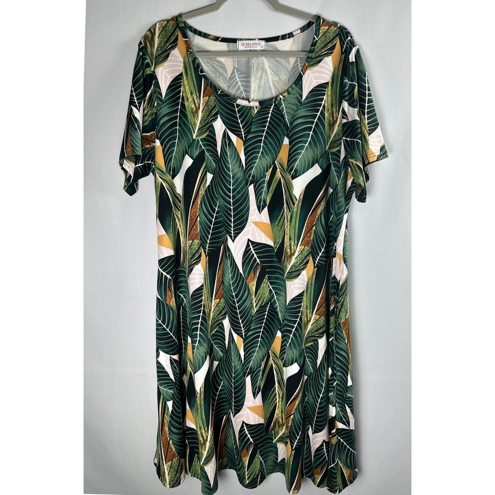 Belaroi‎ Tropical Leaf Print T-Shirt Dress 3X Green Pockets Resort Botanical